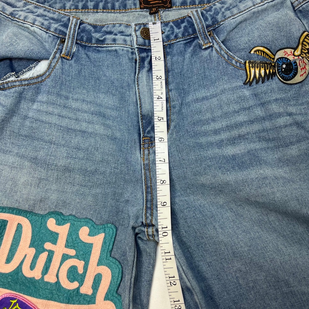 Von Dutch Wide Leg Jeans Womens 13 Blue Medium Wash Y2K Baggy Logo Patch Graphic - Picture 9 of 16